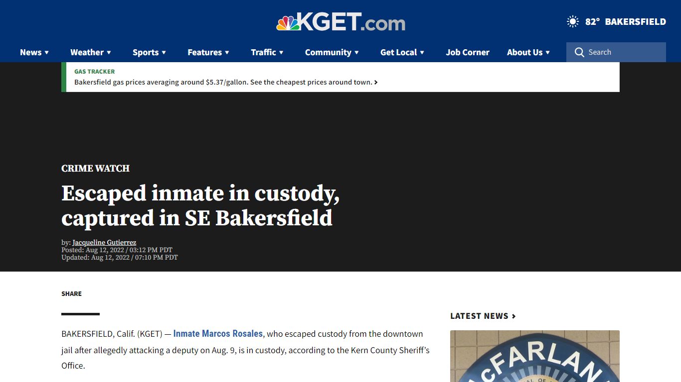 Escaped inmate in custody, captured in SE Bakersfield